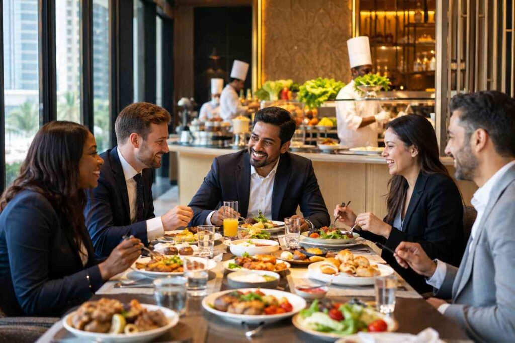 Lively business lunch with city views